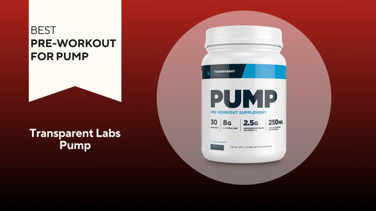 A red background with a white banner reading "Best Pre-Workout for Pump" next to a white and navy container of Transparent Labs Pump Pre-Workout in Blue Raspberry flavor